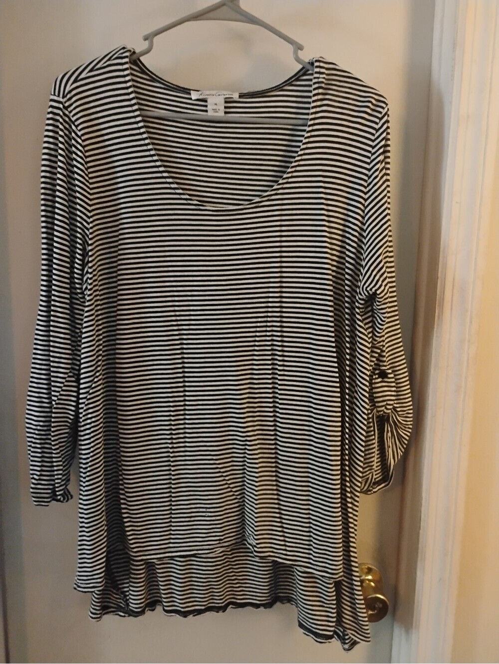 Kenneth Cole New York Black White Striped Roll Tab Sleeve Tunic Top XL